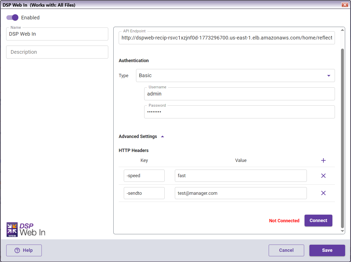 DSP Web In Node with Header