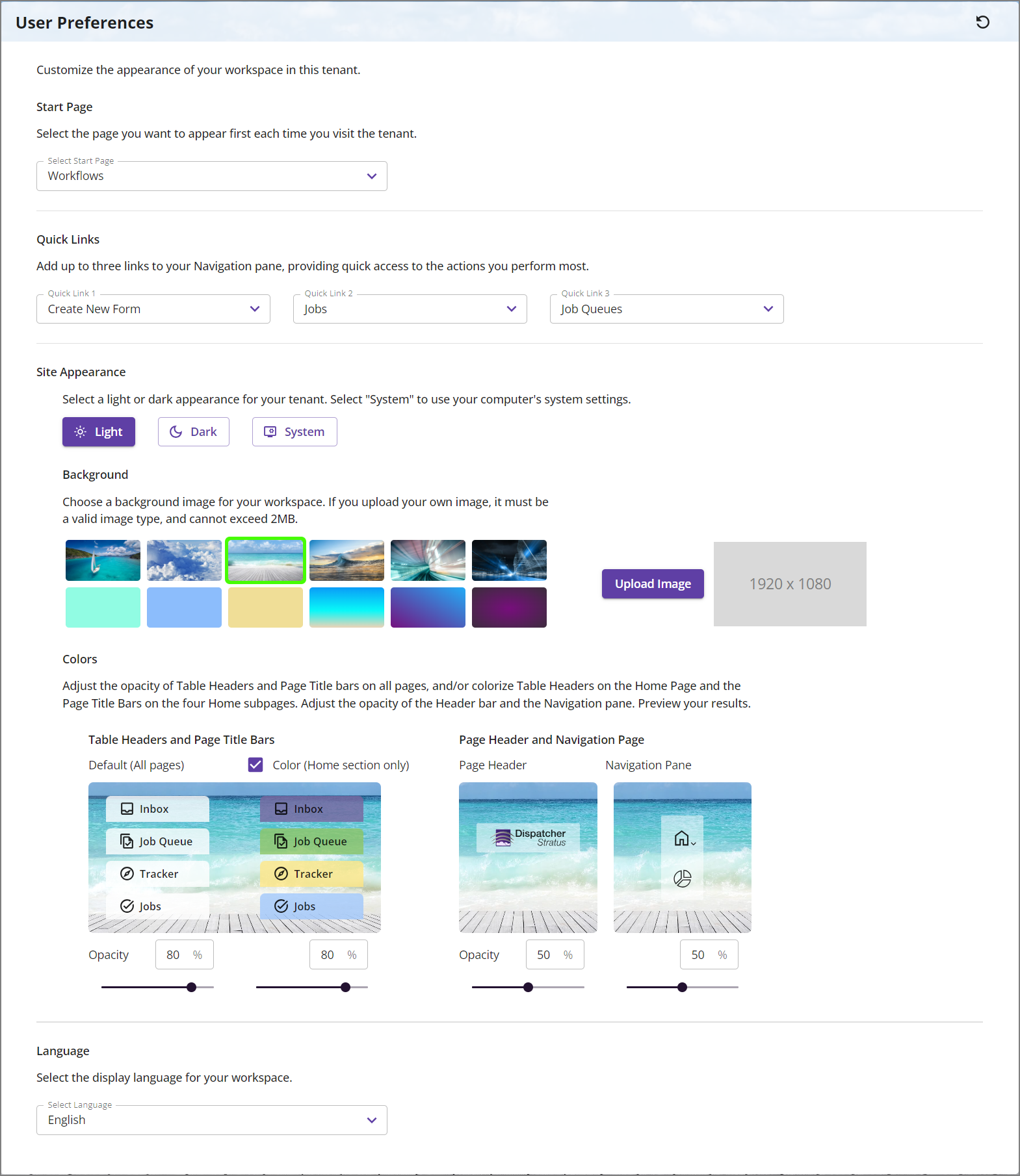 User Preference section - Profile page