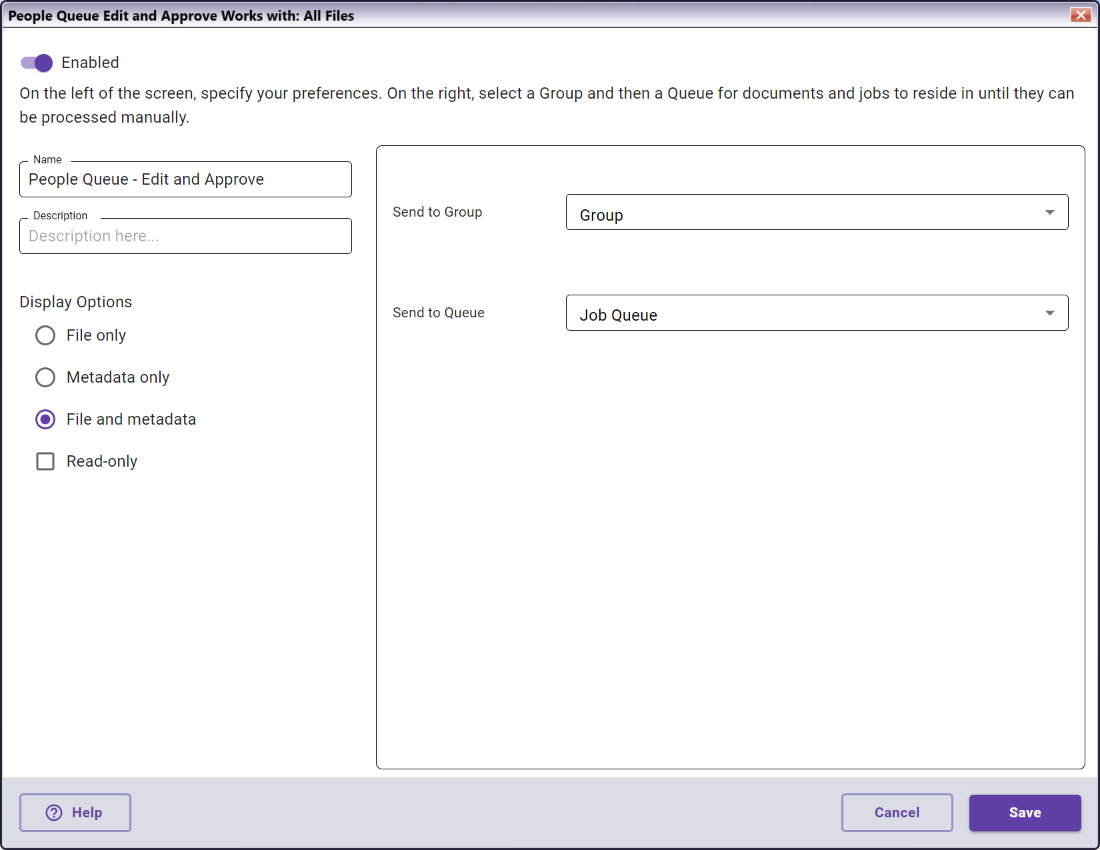 People Queue - Edit and Approve Node configuration window