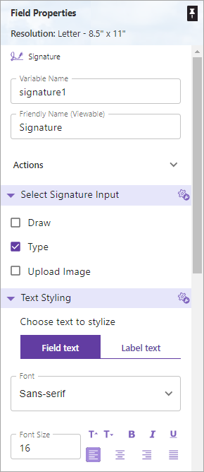 Field Properties panel - Signature field