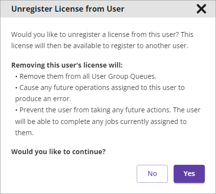 Unregister License from User window