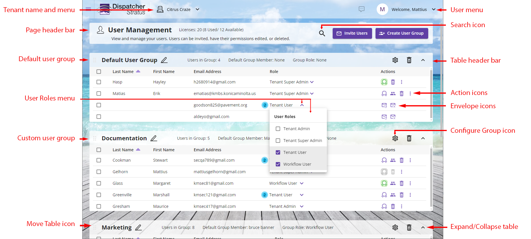 User Management page elements